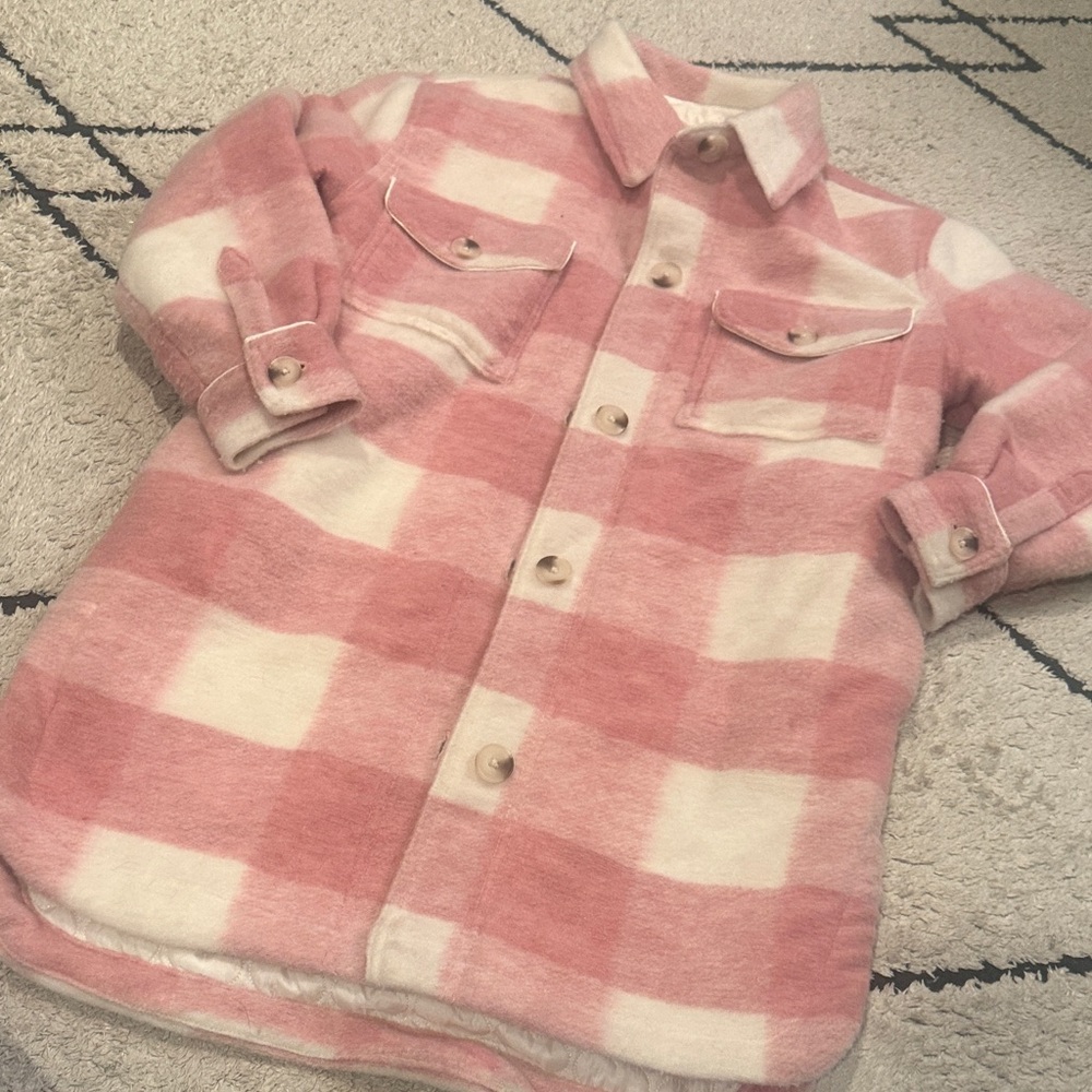 Jillian Harris m Joe Fresh Pink and White Plaid Button-Front Shirt Jacket - Picture 2 of 6
